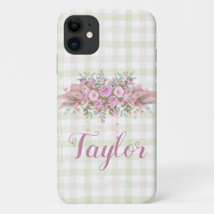 Roze Bloemenkrans Groen Gingham Case-Mate iPhone Case
