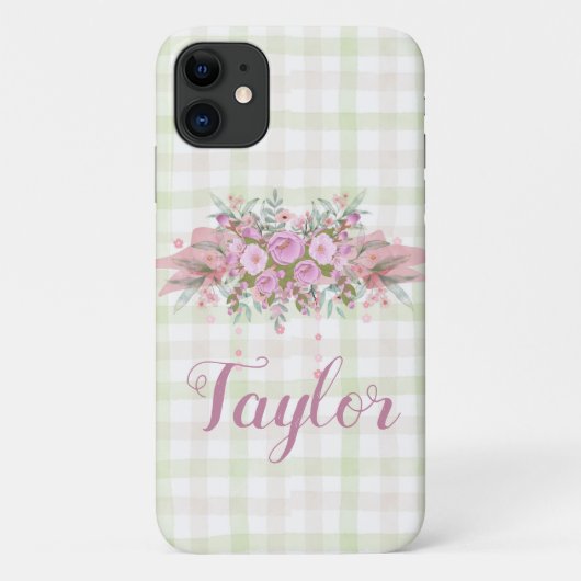 Roze Bloemenkrans Groen Gingham Case-Mate iPhone Case (Achterkant)