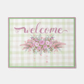 Roze Bloemenkrans Groen Gingham Deurmat (Voorkant)
