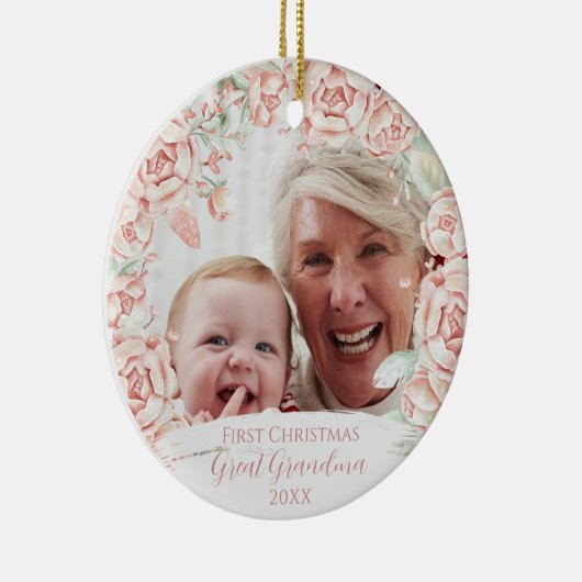 Roze Bloemenkrans Grote Oma Eerste Kerst Keramisch Ornament (Rechts)