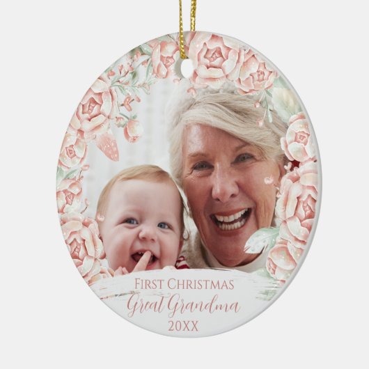 Roze Bloemenkrans Grote Oma Eerste Kerst Keramisch Ornament (Links)