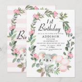 Roze Bloemenkrans Koala Beer Verjaardagsuitnodigin Kaart (Voorkant / Achterkant)