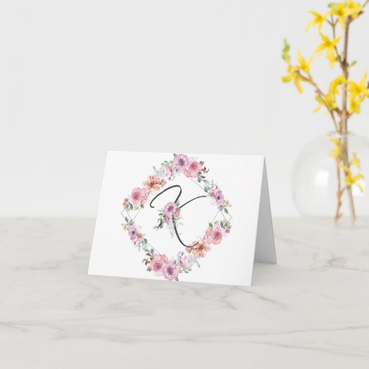 Roze Bloemenkrans Letter K Note Kaart (Gele Bloem)