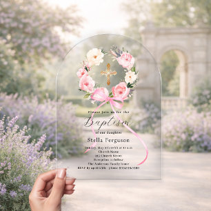Roze bloemenkrans lint kruis meisje doop boog acryl uitnodigingen