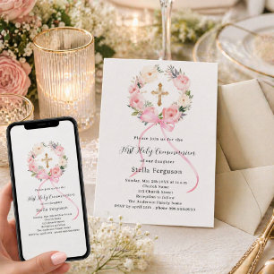 Roze bloemenkrans lint kruis meisje Eerste Communi Kaart