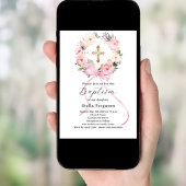 Roze bloemenkrans lint kruis meisjes doop kaart