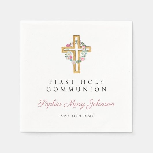 Roze Bloemenkrans Meisje Eerste Communie Servet (Voorkant)