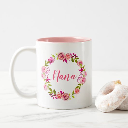 Roze Bloemenkrans Moederdag Gift voor Nana Tweekleurige Koffiemok (Met donut)