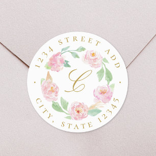 Roze bloemenkrans monogram retouradres ronde sticker