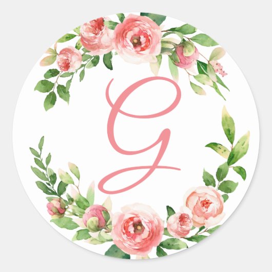 Roze Bloemenkrans Monogram Sticker (Voorkant)