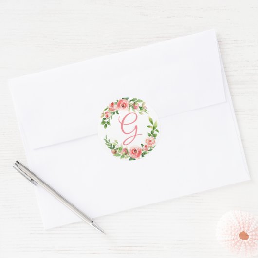 Roze Bloemenkrans Monogram Sticker (Envelop)