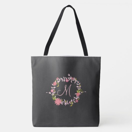 Roze bloemenkrans monogram tote bag (Voorkant)