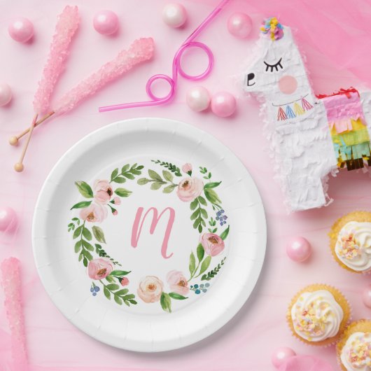 Roze Bloemenkrans Monogram Verjaardagsfeestje Bord (Feest)