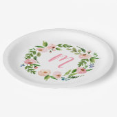 Roze Bloemenkrans Monogram Verjaardagsfeestje Bord (Gekanteld)