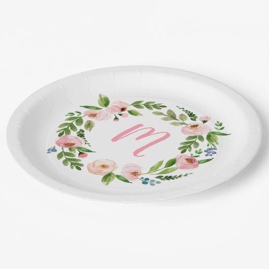 Roze Bloemenkrans Monogram Verjaardagsfeestje Bord (Gekanteld)
