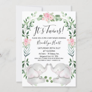 Roze Bloemenkrans Olifanten Twin Baby shower Kaart
