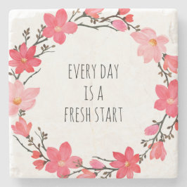  roze bloemenkrans positieve typografie stenen onderzetter