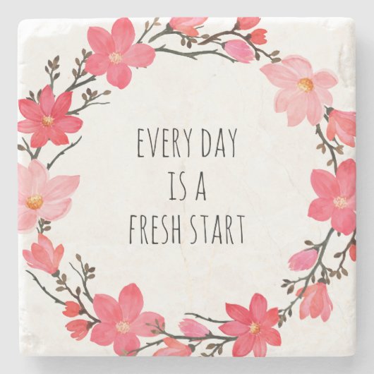  roze bloemenkrans positieve typografie stenen onderzetter (Voorkant)