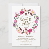 roze bloemenkrans sweet 16 feestelijke uitnodiging (Voorkant)