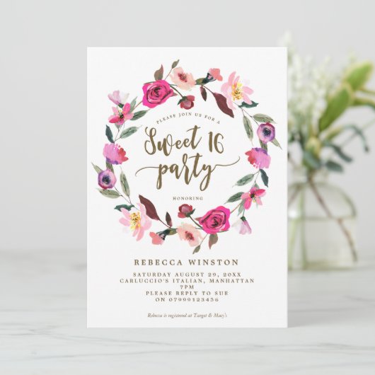 roze bloemenkrans sweet 16 feestelijke uitnodiging (Staand voorkant)