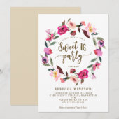 roze bloemenkrans sweet 16 feestelijke uitnodiging (Voorkant / Achterkant)
