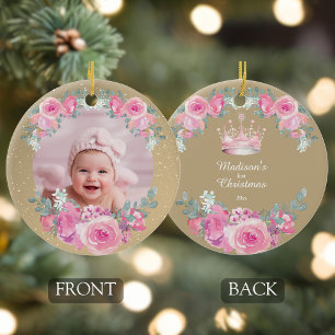Roze bloemenkrans voor eerste kerst van baby meisj keramisch ornament