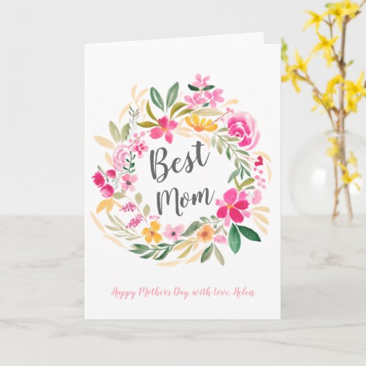 Roze bloemenkrans waterverf foto moederdag kaart (Gele Bloem)