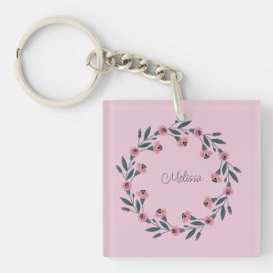 Roze Bloemenkrans Waterverf Roos Wildflower Sleutelhanger