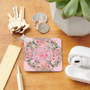 Roze bloemenkrans, zachte botanische romantiek sleutelhanger