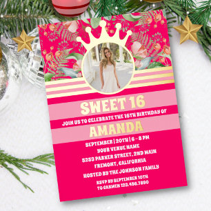 Roze bloemenkroon Gouden kroonprinses Sweet 16 Fot Folie Uitnodiging