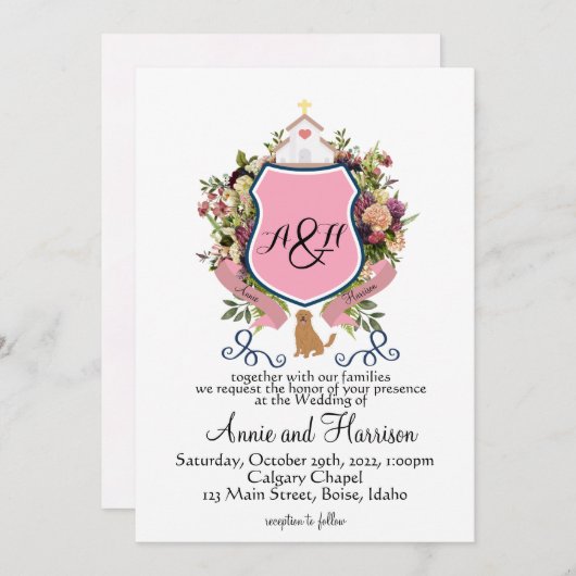 Roze Bloemenkroon Monogram Goudkleurige Retriever Kaart (Voorkant / Achterkant)