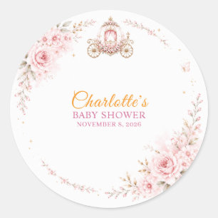 Roze Bloemenkroon Prinsessenkoets Baby Shower Ronde Sticker