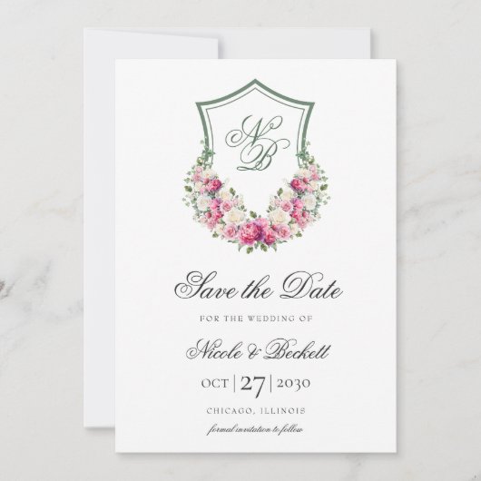 Roze Bloemenkroon Trouwfeest Save The Date (Voorkant)