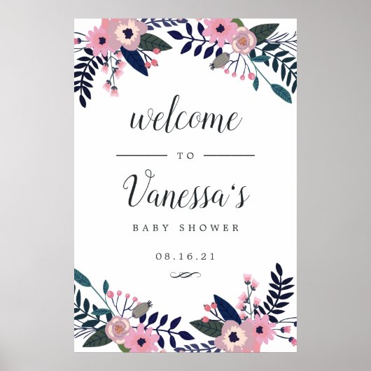Roze Bloemenkruid of Baby shower Welkomstbord Poster (Voorkant)