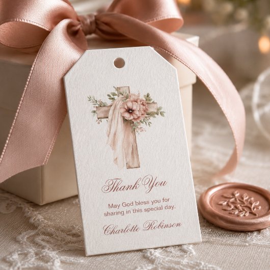 Roze bloemenkruis Doop Cadeaulabel