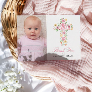 Roze Bloemenkruis Doop / Doop Dank u Briefkaart