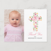 Roze Bloemenkruis Doop / Doop Dank u Briefkaart (Voorkant)