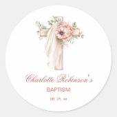 Roze bloemenkruis Doop Ronde Sticker (Voorkant)