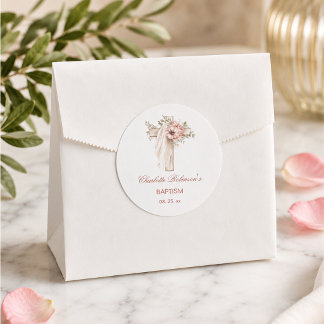 Roze bloemenkruis Doop Ronde Sticker