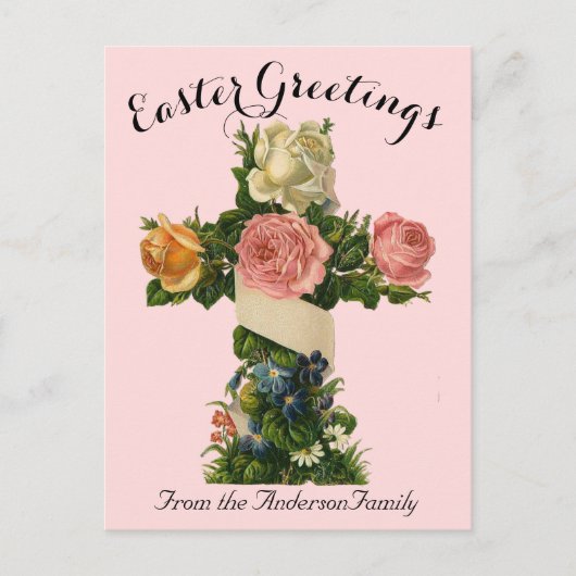Roze Bloemenkruis Easter Religious Briefkaart (Voorkant)