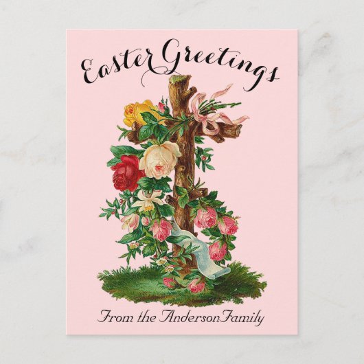 Roze Bloemenkruis  Easter Religious Briefkaart (Voorkant)