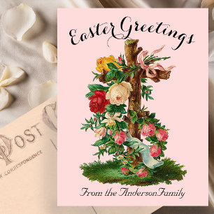 Roze Bloemenkruis  Easter Religious Briefkaart