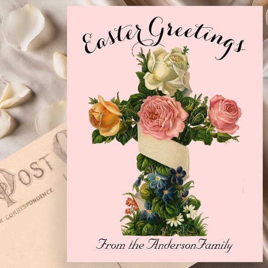 Roze Bloemenkruis  Easter Religious Briefkaart