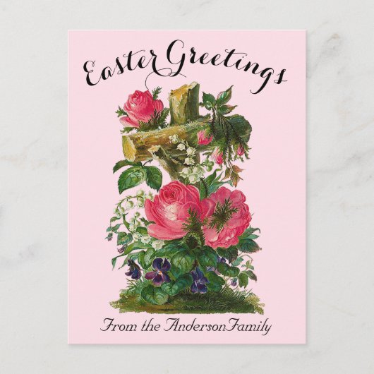 Roze Bloemenkruis Easter Religious Briefkaart (Voorkant)