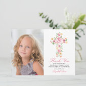 Roze Bloemenkruis Eerste Heilige Communie Dank u Bedankkaart (Staand voorkant)