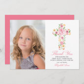 Roze Bloemenkruis Eerste Heilige Communie Dank u Bedankkaart (Voorkant / Achterkant)