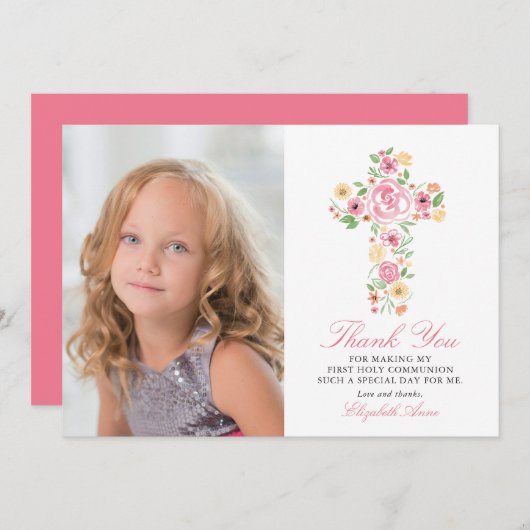 Roze Bloemenkruis Eerste Heilige Communie Dank u Bedankkaart (Voorkant / Achterkant)