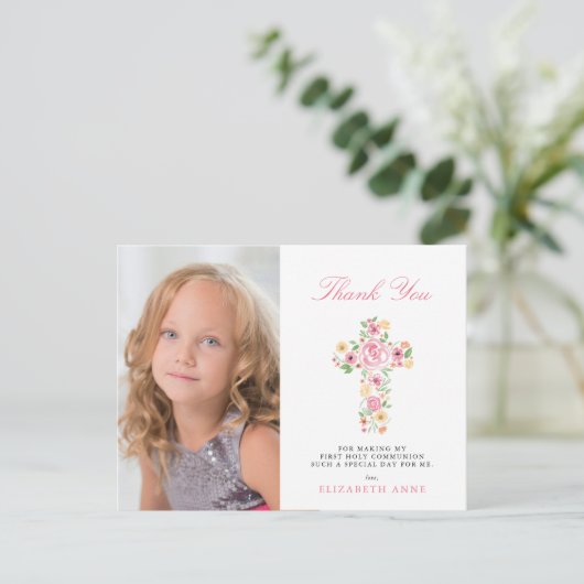 Roze Bloemenkruis Eerste Heilige Communie Dank u Briefkaart (Staand voorkant)