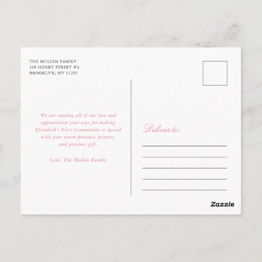 Roze Bloemenkruis Eerste Heilige Communie Dank u Briefkaart (Achterkant)