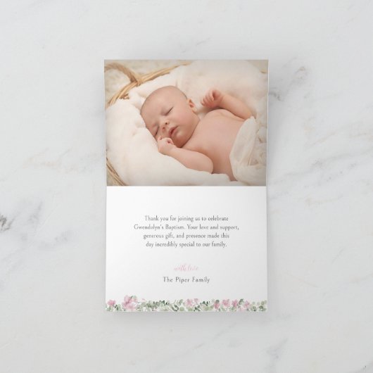 Roze Bloemenkruis Meisje Doop Dank je kaart (Binnen)